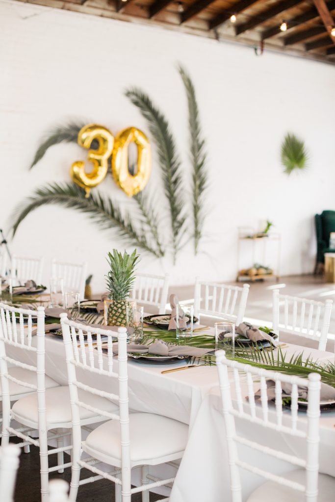 tropical theme 30th birthday chic party ideas decor ideas backdrop