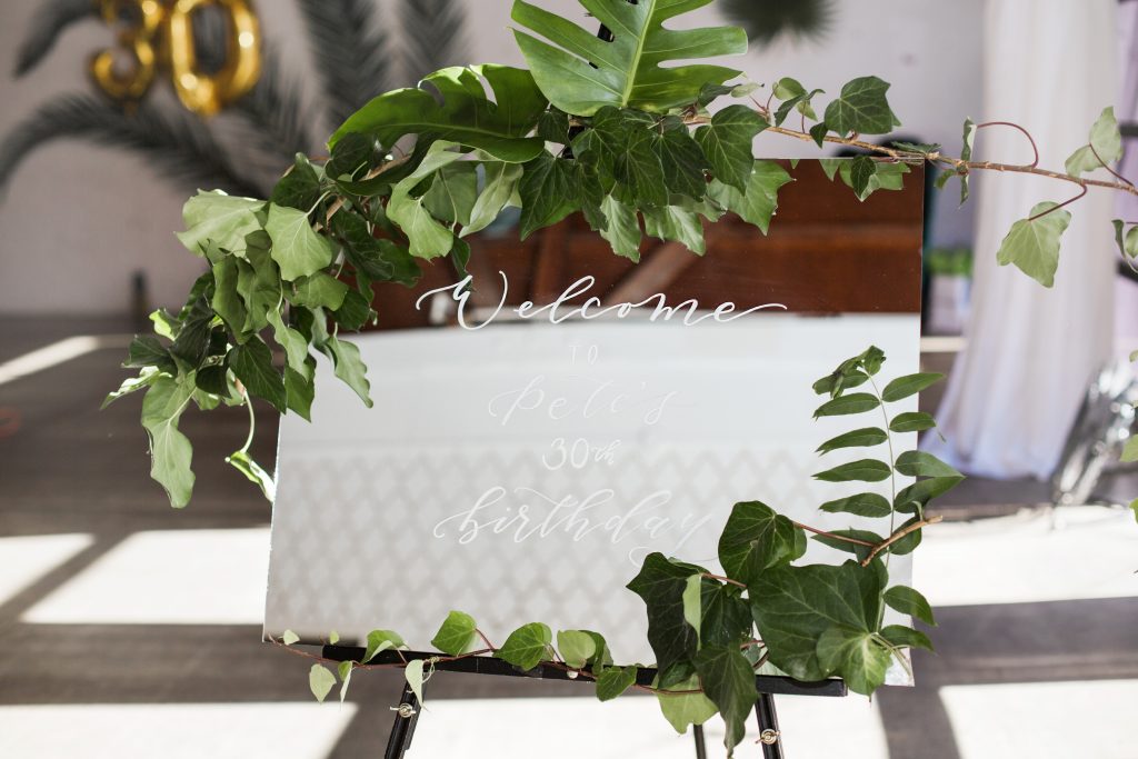 tropical theme 30th birthday chic party ideas birthday sign calligraphy