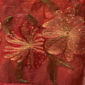 RED ORGANZA WITH FLOWERS OVERLAY