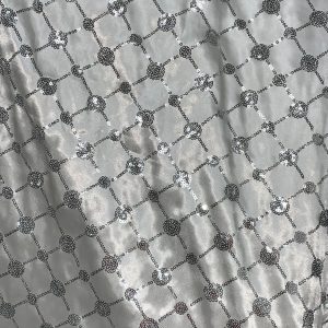 WHITE SATIN & SILVER SEQUIN CHECKERBALL TABLECLOTH