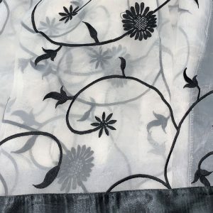 WHITE SHEER W/BLACK FLORAL & BLACK SATIN TRIM  OVERLAY