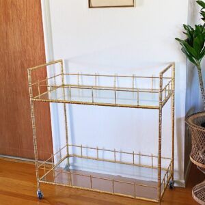 Vintage Gold Faux Bamboo and Glass Rolling Bar Cart