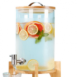 Glass Beverage Dispenser w/SS Spout & Bamboo Stand 2 gal