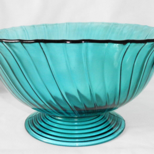 Jeannette Glass Ultramarine Swirl Two Handled Footed Large Salad Bowl 9 1/2″