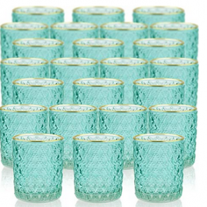 Glass Tealight Votive Candle Holders Teal Gold Rim w/tealight candles