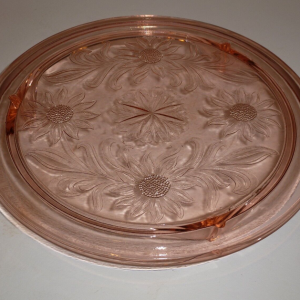 Jeannette Glass Co. Sunflower Cake Plate Stand Peach/Pink 10”