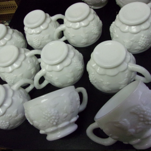 Westmoreland White Milk Glass Paneled Grape Punch Bowl Cups