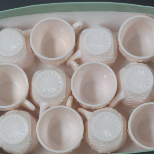 Jeannette Pink Milk Glass Feather Punch Bowl Cups