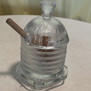 L. E. Smith Glass Company Clear Iridescent Honey Pot w/wooden dipper